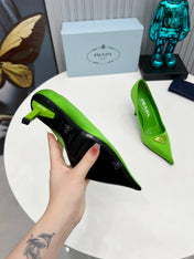 PRADA 26S POINTED TOE PUMPS STILETTO HEEL 80MM IN LIME GREEN SATIN