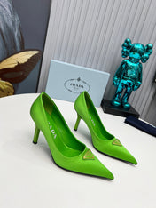 PRADA 26S POINTED TOE PUMPS STILETTO HEEL 80MM IN LIME GREEN SATIN