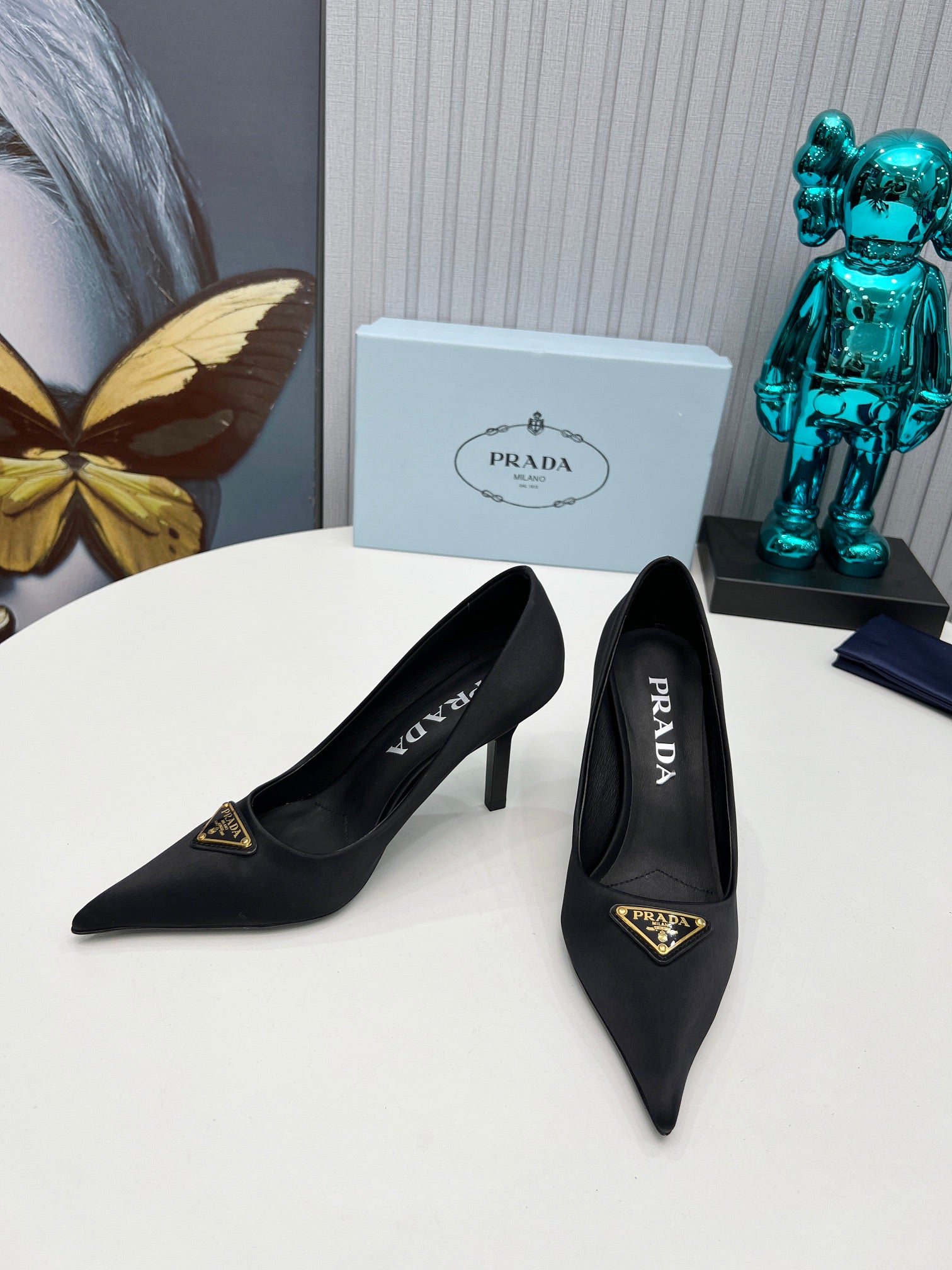PRADA 26S POINTED TOE PUMPS STILETTO HEEL 80MM IN BLACK SATIN