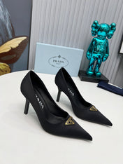 PRADA 26S POINTED TOE PUMPS STILETTO HEEL 80MM IN BLACK SATIN
