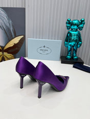 PRADA 26S POINTED TOE PUMPS STILETTO HEEL 80MM IN DEEP PURPLE SATIN