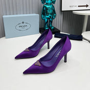 PRADA 26S POINTED TOE PUMPS STILETTO HEEL 80MM IN DEEP PURPLE SATIN