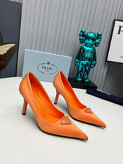 PRADA 26S POINTED TOE PUMPS STILETTO HEEL 80MM IN ORANGE SATIN