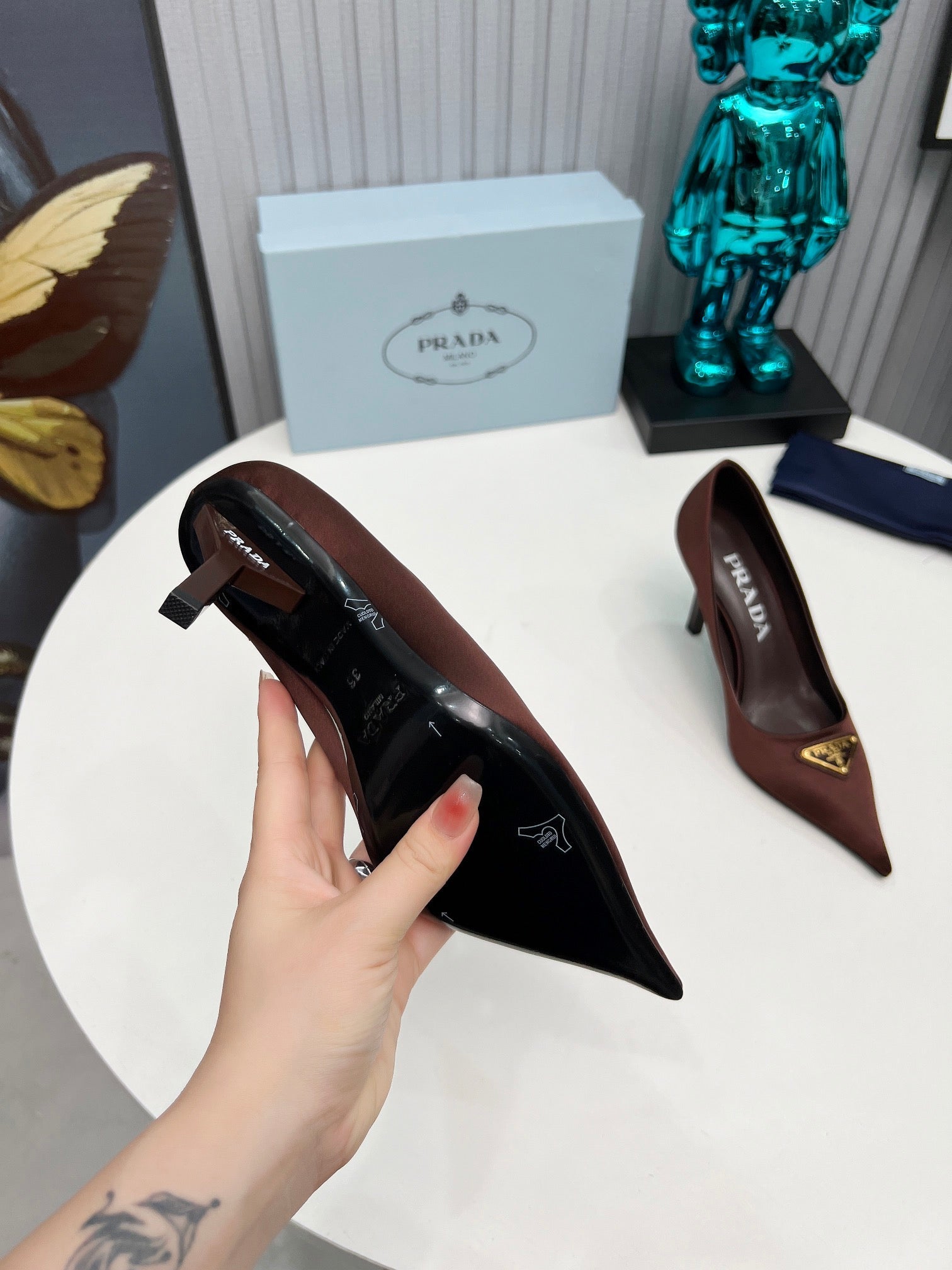 PRADA 26S POINTED TOE PUMPS STILETTO HEEL 80MM IN DARK BROWN SATIN