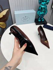 PRADA 26S POINTED TOE PUMPS STILETTO HEEL 80MM IN DARK BROWN SATIN