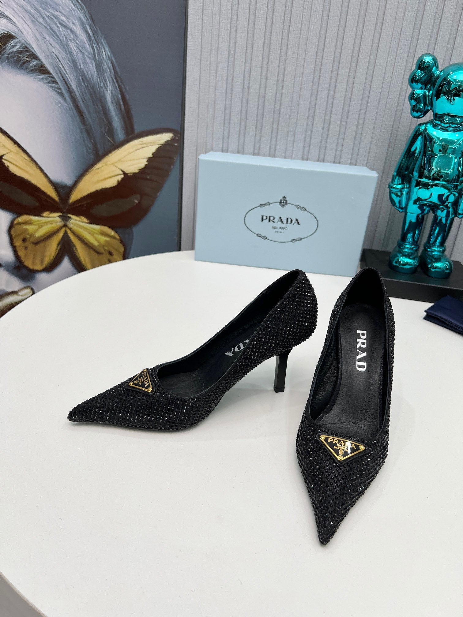 PRADA 26S POINTED TOE PUMPS STILETTO HEEL 80MM IN BLACK CRYSTAL EMBELLISHED