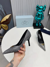 TRIANGLE LOGO HIGH-HEEL PUMPS IN BLACK SATIN WITH WHITE CRYSTALS