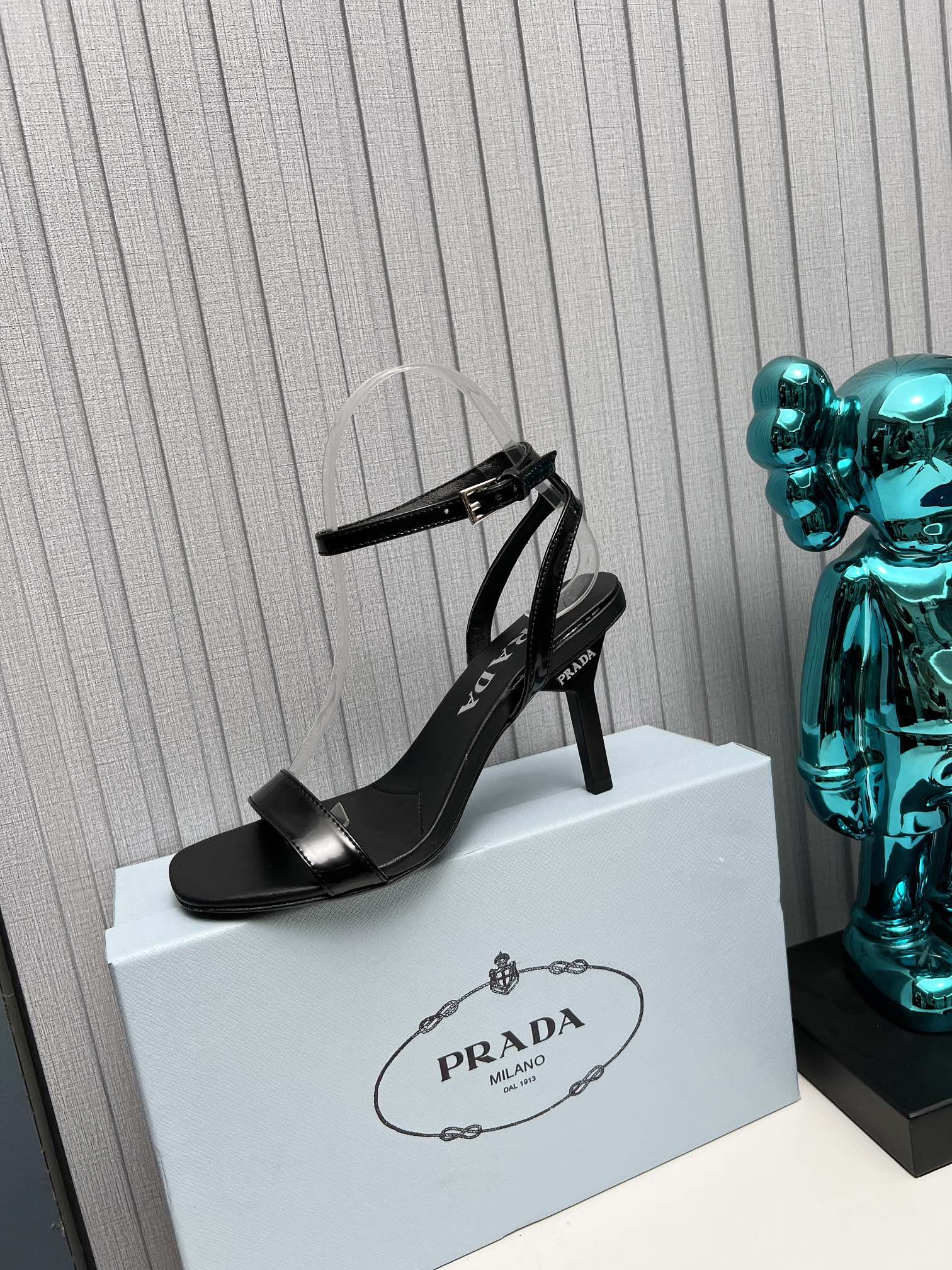 PRADA 26S ANKLE STRAP SANDALS STILETTO HEEL 80MM IN BLACK SHINE CALFSKIN