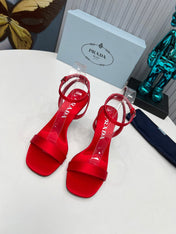 PRADA 26S ANKLE STRAP SANDALS STILETTO HEEL 80MM IN DARK RED SATIN