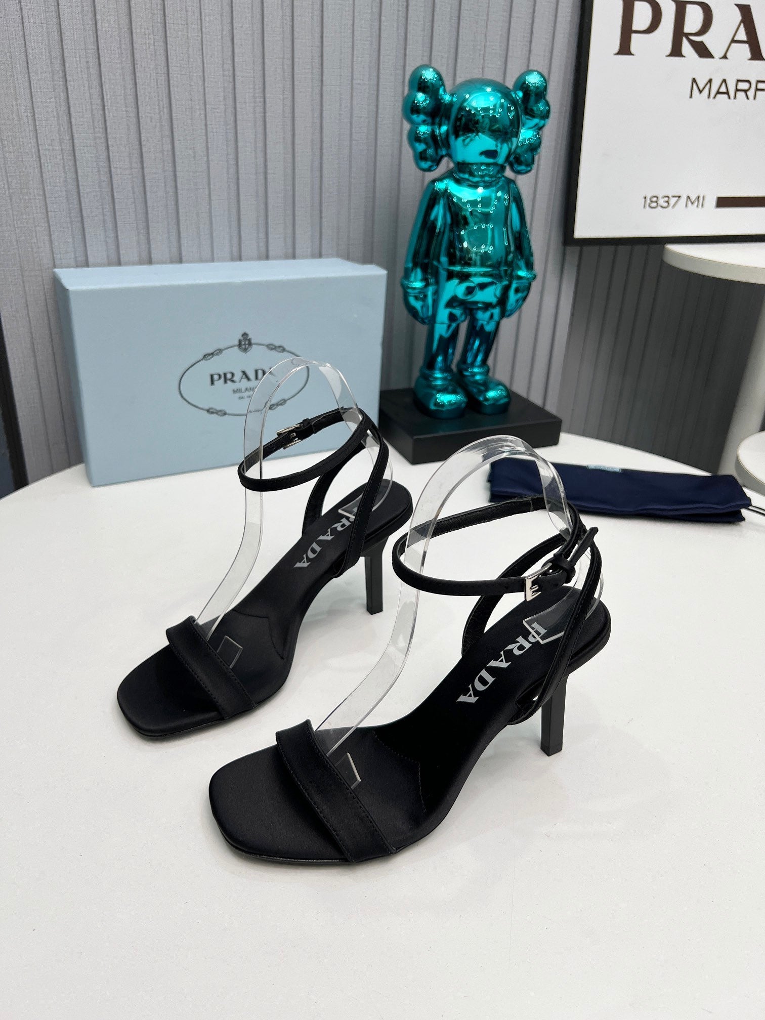 PRADA 26S ANKLE STRAP SANDALS STILETTO HEEL 80MM IN BLACK SATIN