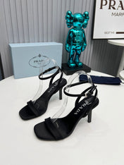 PRADA 26S ANKLE STRAP SANDALS STILETTO HEEL 80MM IN BLACK SATIN