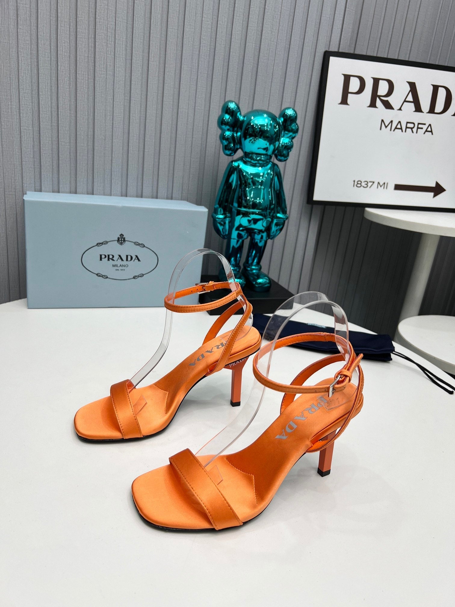 PRADA 26S ANKLE STRAP SANDALS STILETTO HEEL 80MM IN ORANGE SATIN