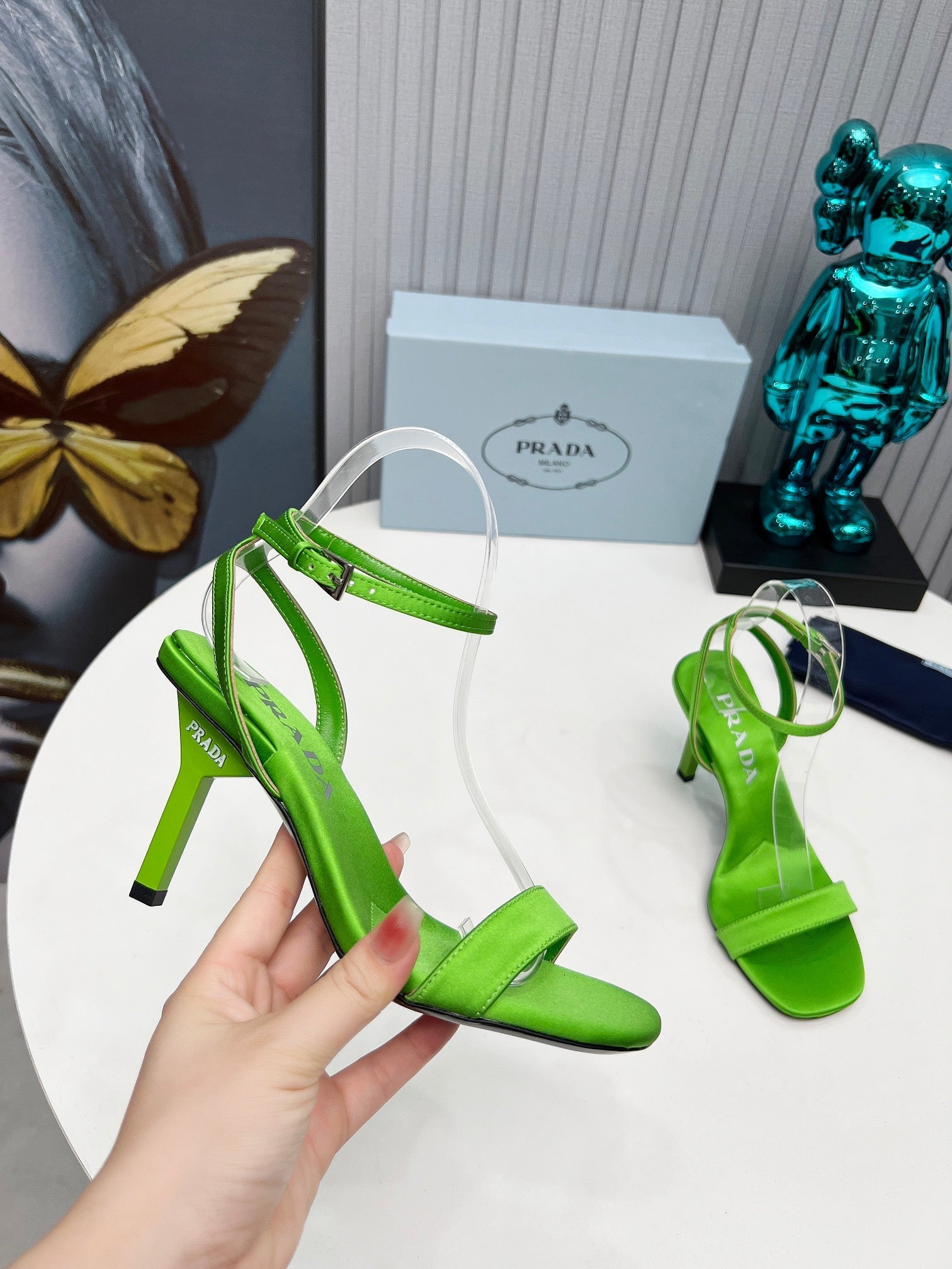 PRADA 26S ANKLE STRAP SANDALS STILETTO HEEL 80MM IN LIME GREEN SATIN