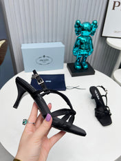 PRADA 26S STRAPPY SANDALS STILETTO HEEL 60MM IN BLACK SATIN
