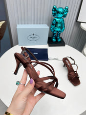 PRADA 26S STRAPPY SANDALS STILETTO HEEL 60MM IN DARK BROWN SATIN