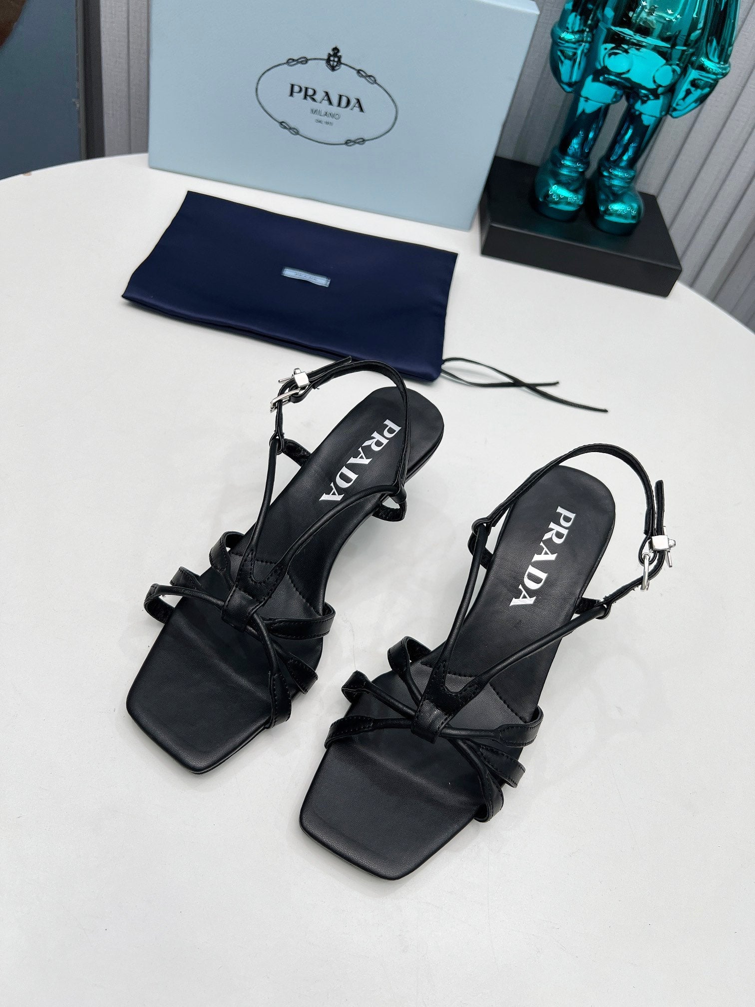 PRADA 26S STRAPPY SANDALS STILETTO HEEL 60MM IN BLACK CALFSKIN