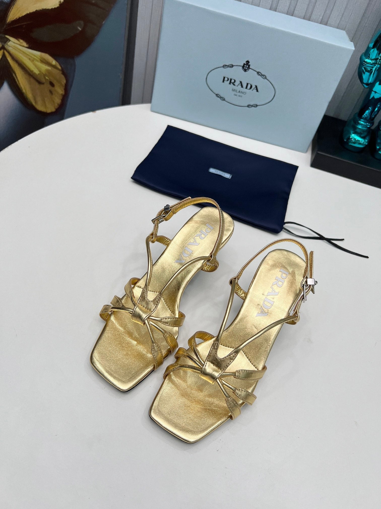 PRADA 26S STRAPPY SANDALS STILETTO HEEL 60MM IN GOLD CALFSKIN
