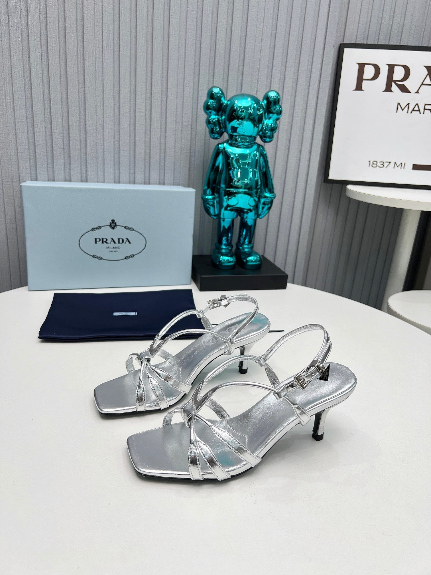 PRADA 26S STRAPPY SANDALS STILETTO HEEL 60MM IN SILVER CALFSKIN
