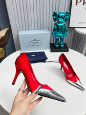 HIGH POINTED-TOE PUMPS IN RED MIX SILVER SATIN