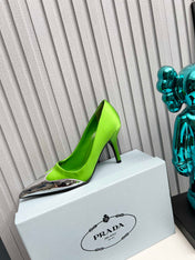 HIGH POINTED-TOE PUMPS IN LIME GREEN MIX SILVER SATIN