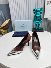 HIGH POINTED-TOE PUMPS IN CHOCOLATE MIX SILVER SATIN