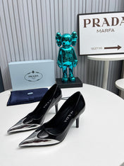 HIGH POINTED-TOE PUMPS IN SILVER MIX BLACK GLOSSY CALFSKIN