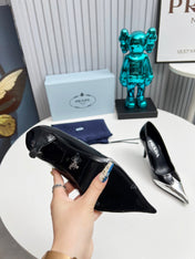 HIGH POINTED-TOE PUMPS IN SILVER MIX BLACK GLOSSY CALFSKIN