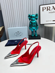 HIGH SLING BACK PUMPS IN SILVER MIX RED SATIN