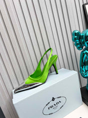HIGH SLING BACK PUMPS IN SILVER MIX LIME GREEN SATIN