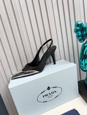 HIGH SLING BACK PUMPS IN SILVER MIX BLACK CALFSKIN