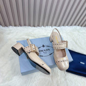 PRADA 26S SQUARE TOE STUDDED SLINGBACK BLOCK HEEL 40MM IN BEIGE PATENT CALFSKIN