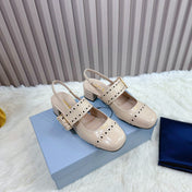 PRADA 26S SQUARE TOE STUDDED SLINGBACK BLOCK HEEL 40MM IN BEIGE PATENT CALFSKIN