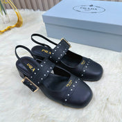PRADA 26S SQUARE TOE STUDDED SLINGBACK BLOCK HEEL 40MM IN BLACK CALFSKIN