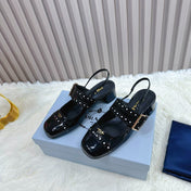 PRADA 26S SQUARE TOE STUDDED SLINGBACK BLOCK HEEL 40MM IN BLACK PATENT CALFSKIN