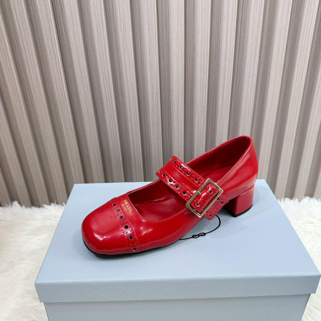 PRADA 26S SQUARE TOE STUDDED SLINGBACK BLOCK HEEL 40MM IN DARK RED PATENT CALFSKIN