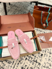 Loro Piana Pink Suede Charms Walk Flat Mules