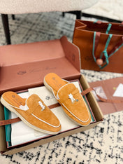 Loro Piana Salmon White Suede Charms Walk Flat Mules