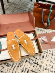 Loro Piana Salmon White Suede Charms Walk Flat Mules