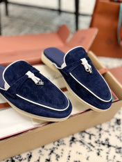 Loro Piana Navy White Suede Charms Walk Flat Mules