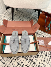 Loro Piana Grey Black Suede Charms Walk Flat Mules