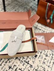 Loro Piana Grey White Suede Charms Walk Flat Mules