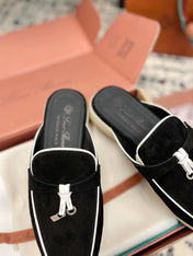 Loro Piana Black White Suede Charms Walk Flat Mules