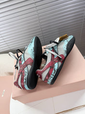MIUMIU 26S GYMNASIUM SNEAKER IN SILVER FABRIC AND TURQUOISE BLUE SNAKE EFFECT CALFSKIN