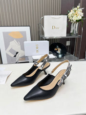 J'ADIOR SLINGBACK PUMP BLACK CALFSKIN AND EMBROIDERED FABRIC 65 MM