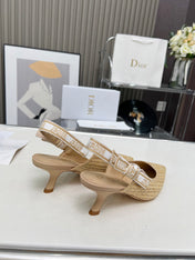J'ADIOR SLINGBACK PUMP NATURAL RAFFIA AND BEIGE EMBROIDERED COTTON 65 MM
