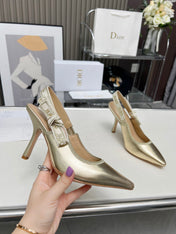 J'ADIOR SLINGBACK PUMP LIGHT GOLD CALFSKIN AND EMBROIDERED FABRIC 10 CM