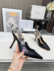 J'ADIOR SLINGBACK PUMP BLACK CALFSKIN AND BLACK EMBROIDERED FABRIC 10 CM