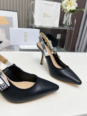 J'ADIOR SLINGBACK PUMP BLACK CALFSKIN AND BLACK EMBROIDERED FABRIC 10 CM