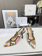 J'ADIOR SLINGBACK PUMP COLORFUL NATURAL RAFFIA AND EMBROIDERED COTTON 10 CM 130857