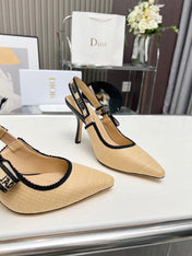 J'ADIOR SLINGBACK PUMP NATURAL RAFFIA AND BLACK EMBROIDERED COTTON 10 CM